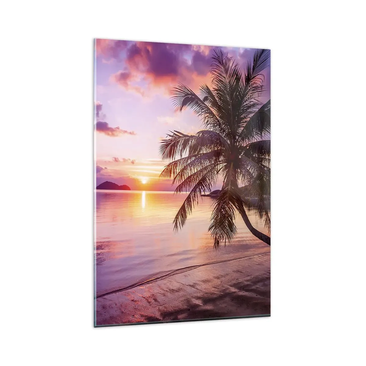 Impression sur verre - Image sur verre - Plage tropicale avec palmier au coucher du soleil - 80x120cm - Le bonheur à l'horizon - Décoration murale moderne pour le salon et la chambre ARTTOR