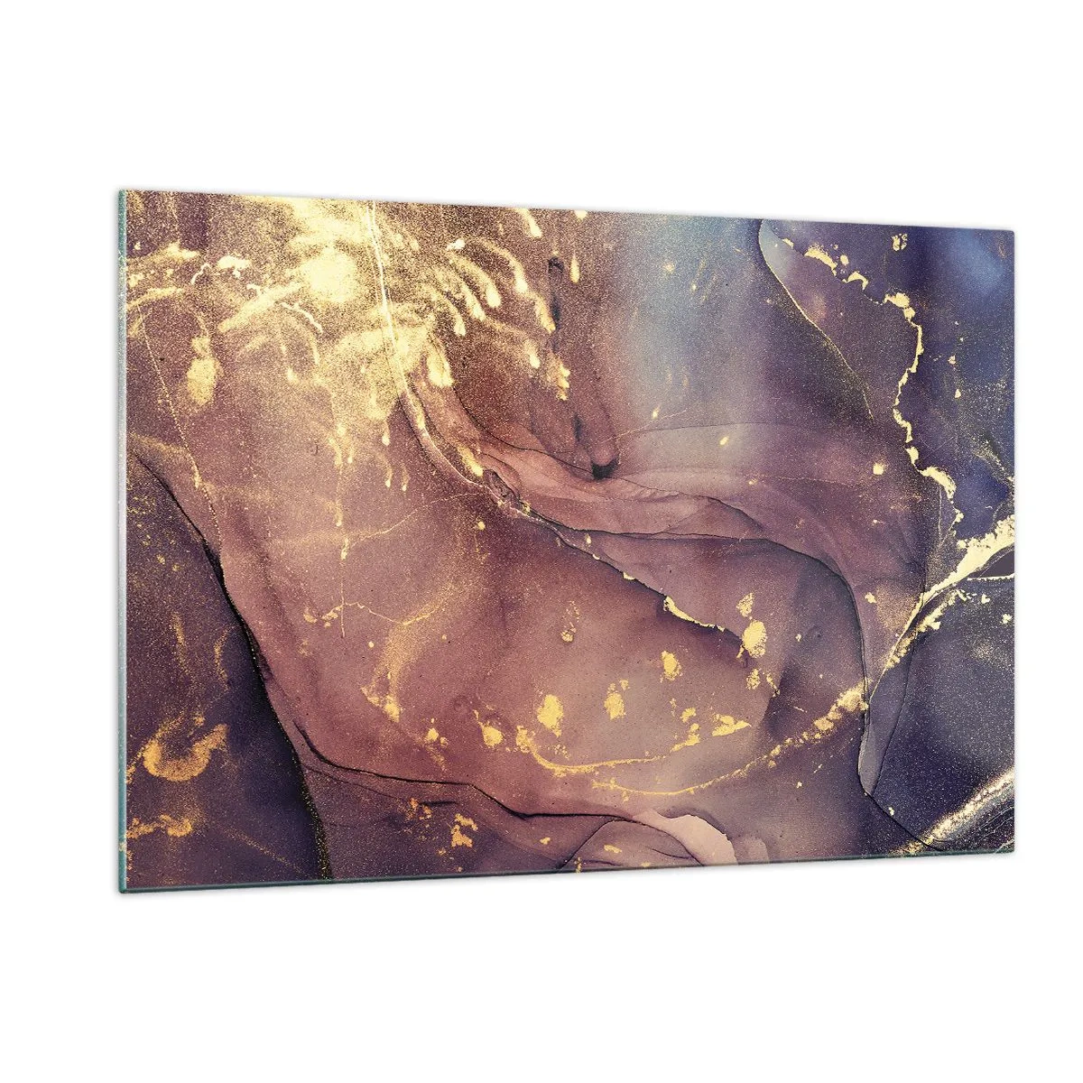 Impression sur verre - Image sur verre - Une composition abstraite avec des taches et une structure violettes et dorées. - 120x80cm - Matière et esprit - Décoration murale moderne pour le salon et la chambre ARTTOR