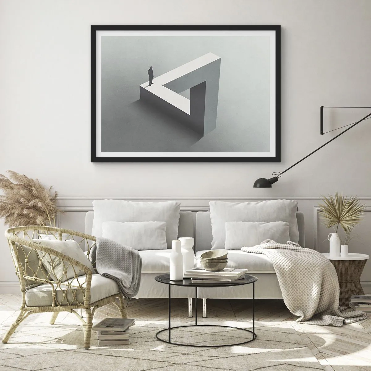 Affiche dans un cadre noir - Poster - Une figure debout sur un triangle de Penrose dans des tons de gris. - 70x50cm - Mais c'est possible - Décoration murale moderne pour le salon et la chambre ARTTOR