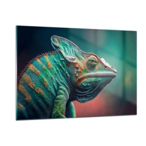 Impression sur verre - Image sur verre - Un caméléon coloré sur un fond flou dans une lumière intense. - 120x80cm - Vous me voyez? Pas bien… - Décoration murale moderne pour le salon et la chambre ARTTOR