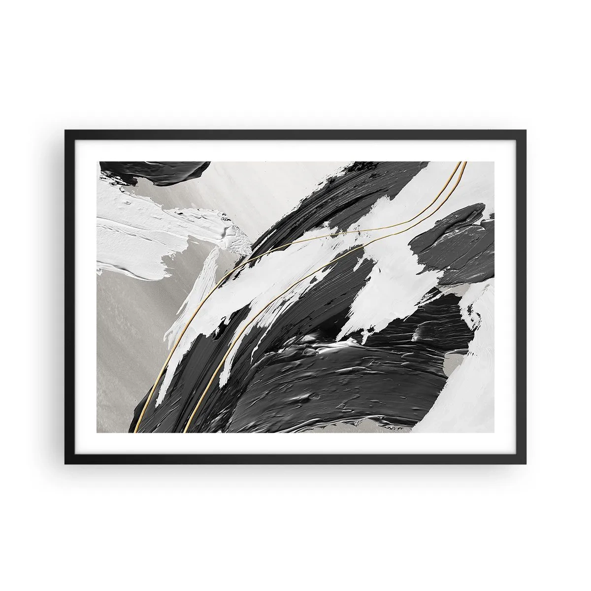 Affiche dans un cadre noir - Poster - Coups de pinceau noirs et blancs avec une subtile touche dorée - 70x50cm - L'abstraction à grande échelle - Décoration murale moderne pour le salon et la chambre ARTTOR