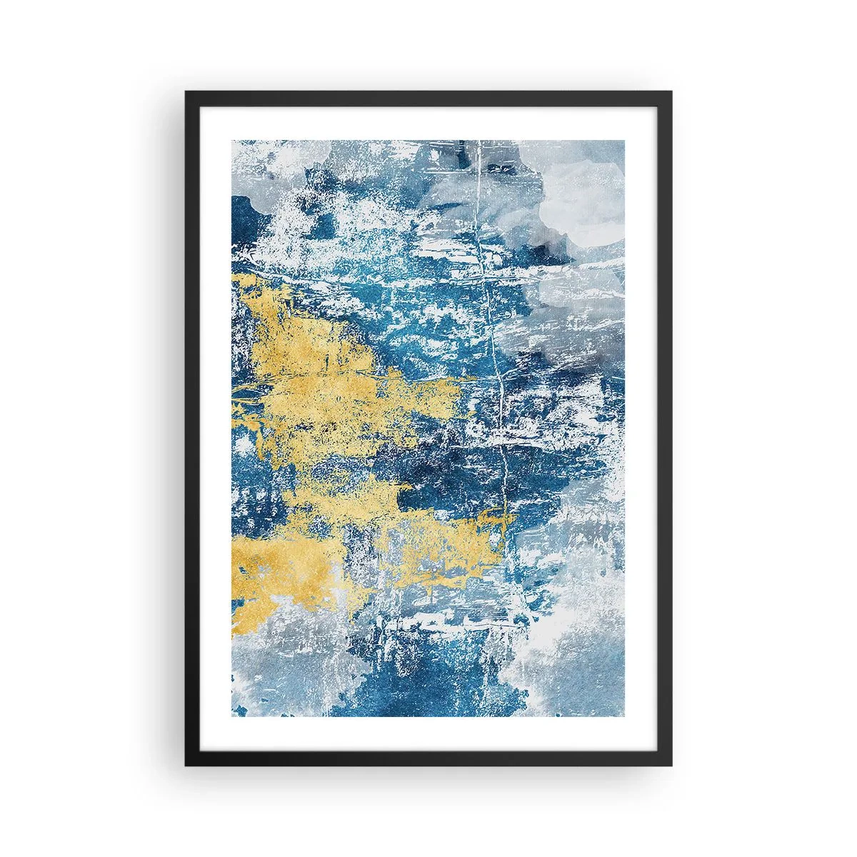 Affiche dans un cadre noir - Poster - Composition abstraite de texture bleue et dorée - 50x70cm - Abstraction du temps - Décoration murale moderne pour le salon et la chambre ARTTOR