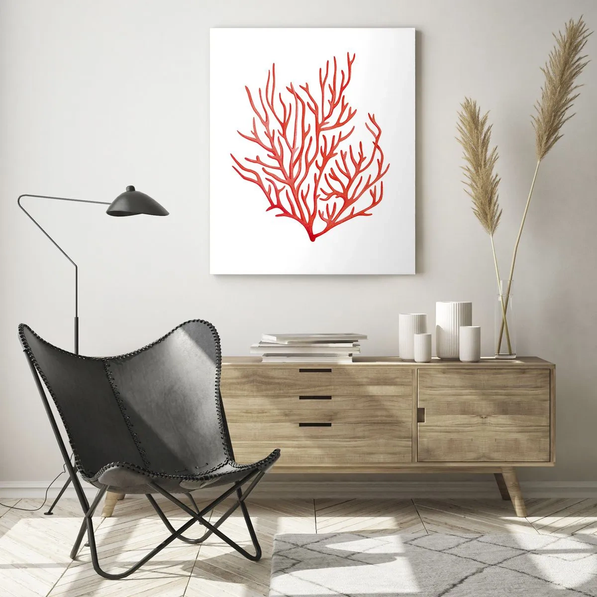Impression sur verre - Image sur verre - Corail rouge sur fond blanc dans un style minimaliste - 80x120cm - Filigrane de corail - Décoration murale moderne pour le salon et la chambre ARTTOR