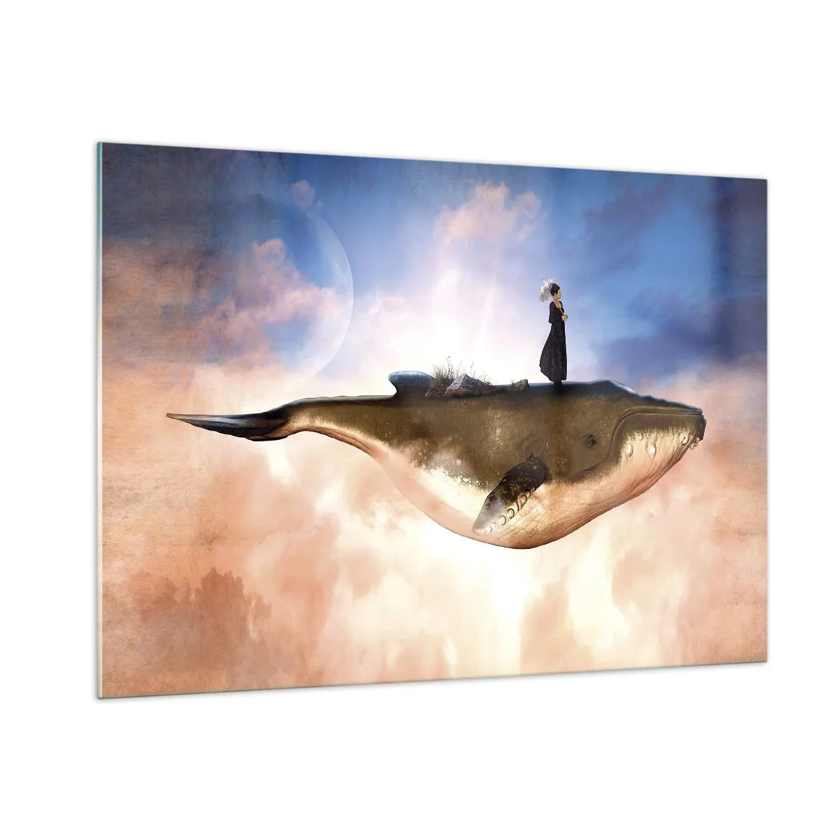 Impression sur verre - Image sur verre - Une baleine fantastique flottant dans les nuages avec une femme sur le dos. - 100x70cm - Voyage irréel - Décoration murale moderne pour le salon et la chambre ARTTOR