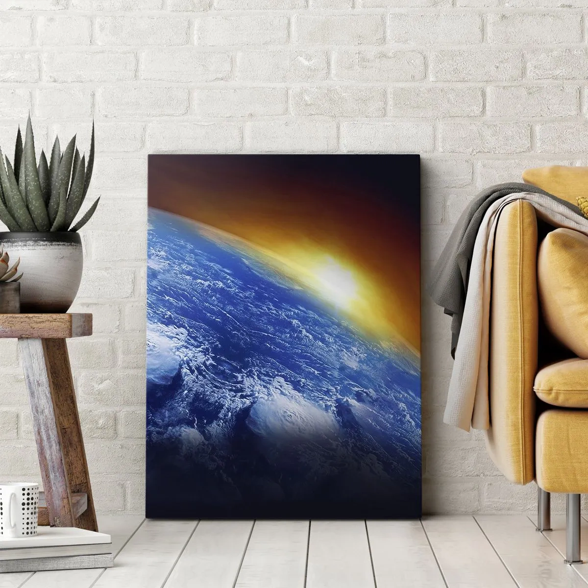 Impression sur toile - Image sur toile - Vue de la Terre depuis l'espace au coucher du soleil - 50x70cm - Lever de soleil sur la planète bleue - Décoration murale moderne pour le salon et la chambre ARTTOR