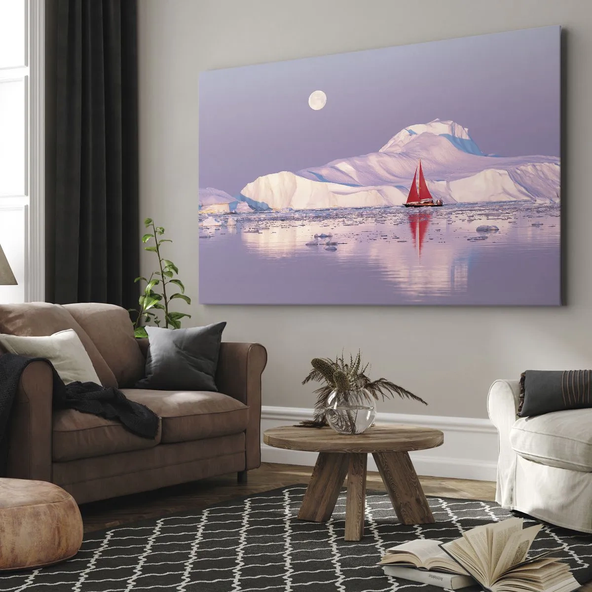Impression sur toile - Image sur toile - Une voile rouge sur fond de montagnes glacées et de pleine lune. - 100x70cm - La chaleur de la voile, le froid de la glace - Décoration murale moderne pour le salon et la chambre ARTTOR