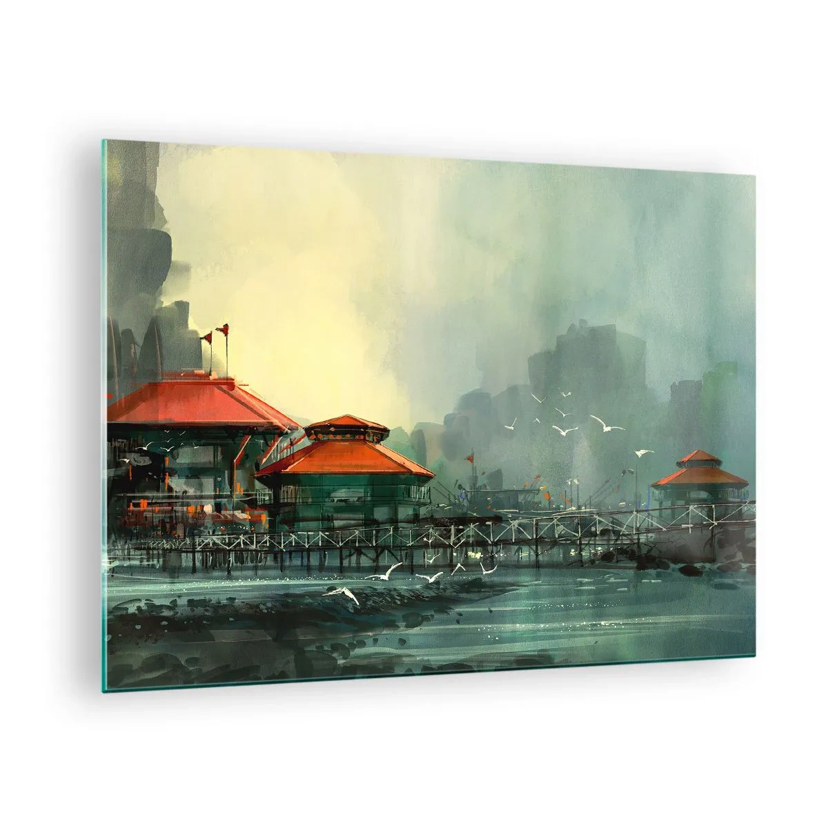 Impression sur verre - Image sur verre - Bâtiments portuaires aux toits rouges contre le brouillard - 70x50cm - Une journée ensoleillée au port - Décoration murale moderne pour le salon et la chambre ARTTOR