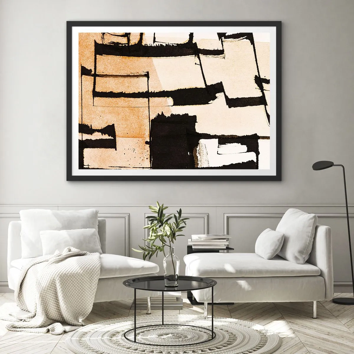 Affiche dans un cadre noir - Poster - Motifs géométriques dans les tons marron et beige - 70x50cm - De l’ordre malgré tout - Décoration murale moderne pour le salon et la chambre ARTTOR