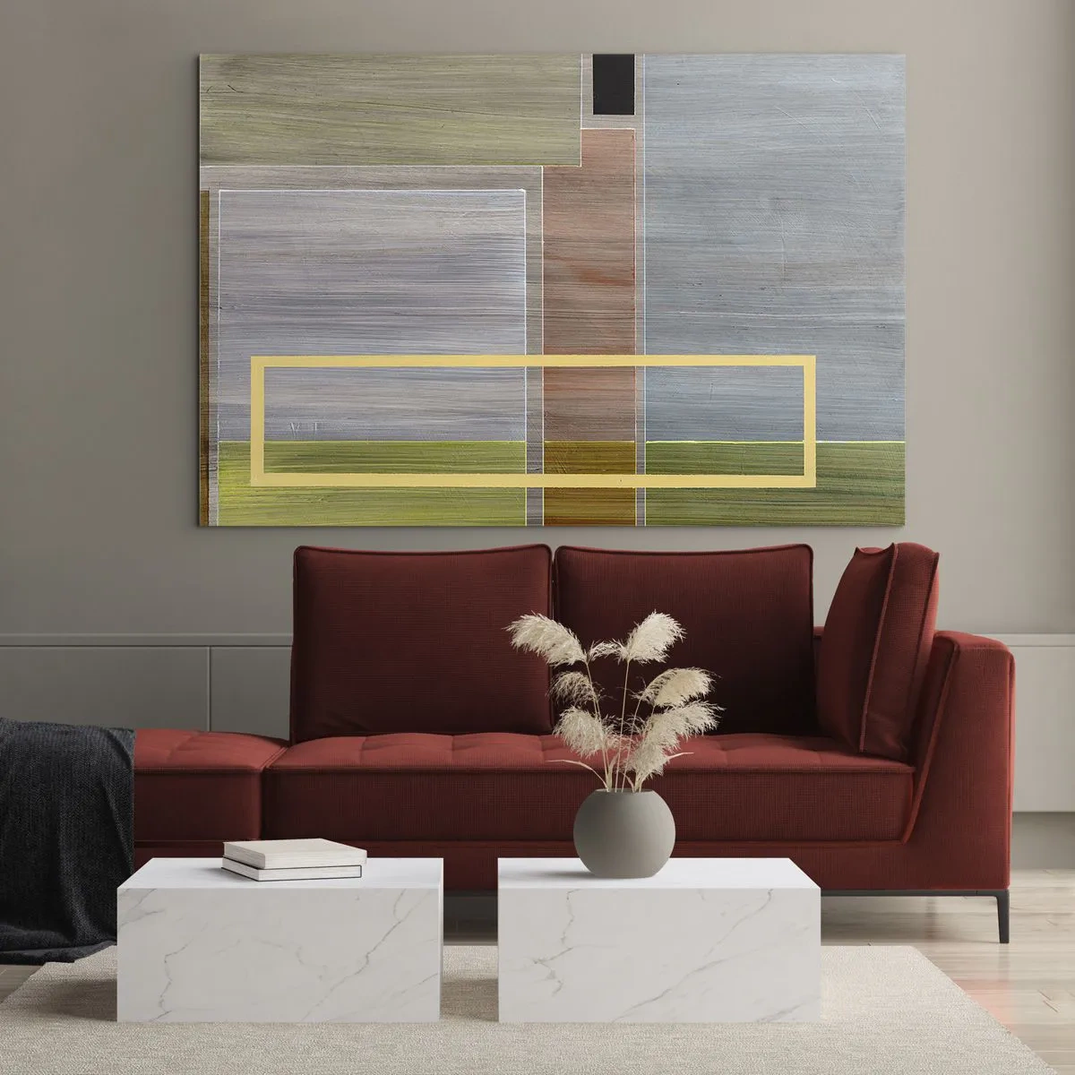 Impression sur verre - Image sur verre - Abstraction moderne avec des formes rectangulaires et des couleurs terreuses - 70x50cm - Simple et calme - Décoration murale moderne pour le salon et la chambre ARTTOR