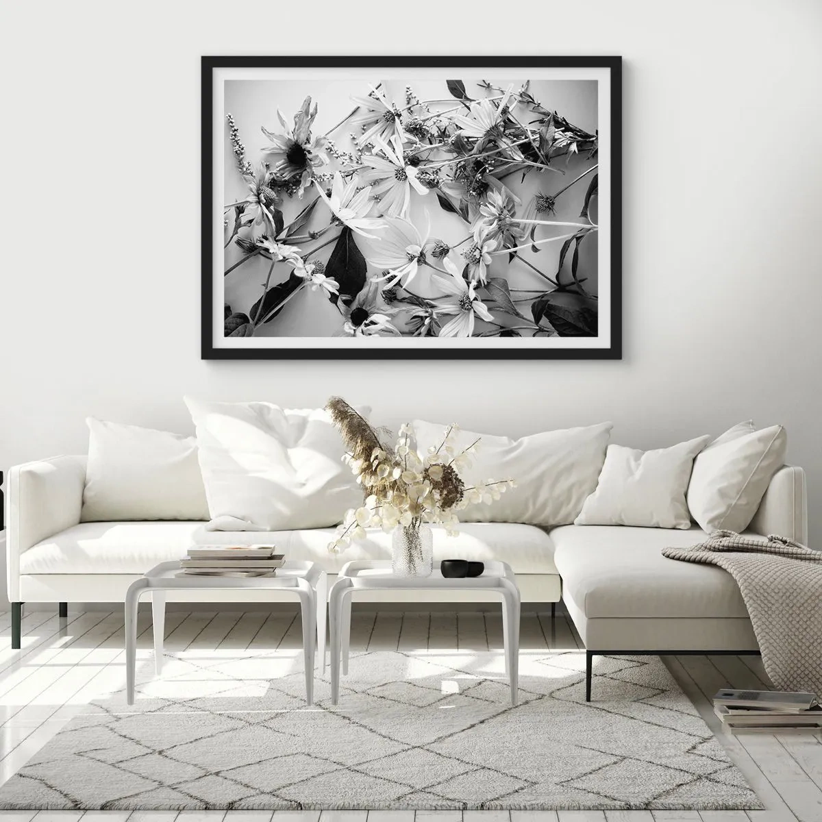 Affiche dans un cadre noir - Poster - Compositions florales en noir et blanc dans un style artistique subtil - 70x50cm - Non-un bouquet de fleurs - Décoration murale moderne pour le salon et la chambre ARTTOR