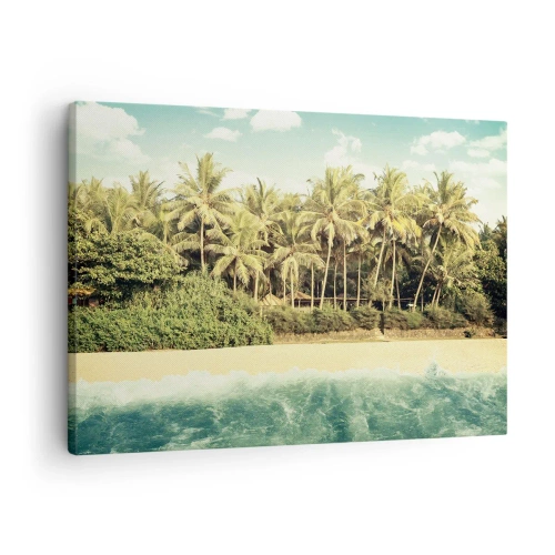 Impression sur toile - Image sur toile - Plage tropicale avec palmiers et mer turquoise - 70x50cm - Peut-être ici? - Décoration murale moderne pour le salon et la chambre ARTTOR