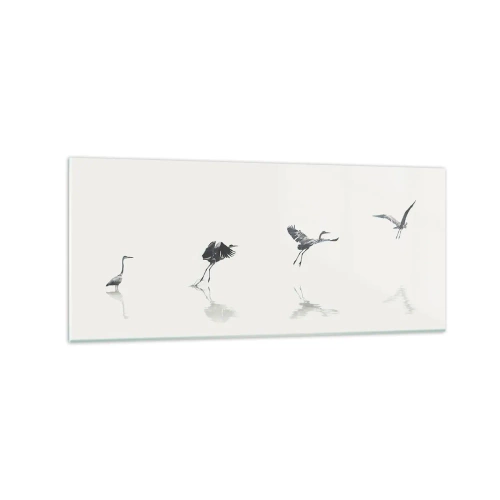 Impression sur verre - Image sur verre - Quatre silhouettes d'oiseaux se reflètent dans l'eau calme - 120x50cm - Quatre étapes simples - Décoration murale moderne pour le salon et la chambre ARTTOR
