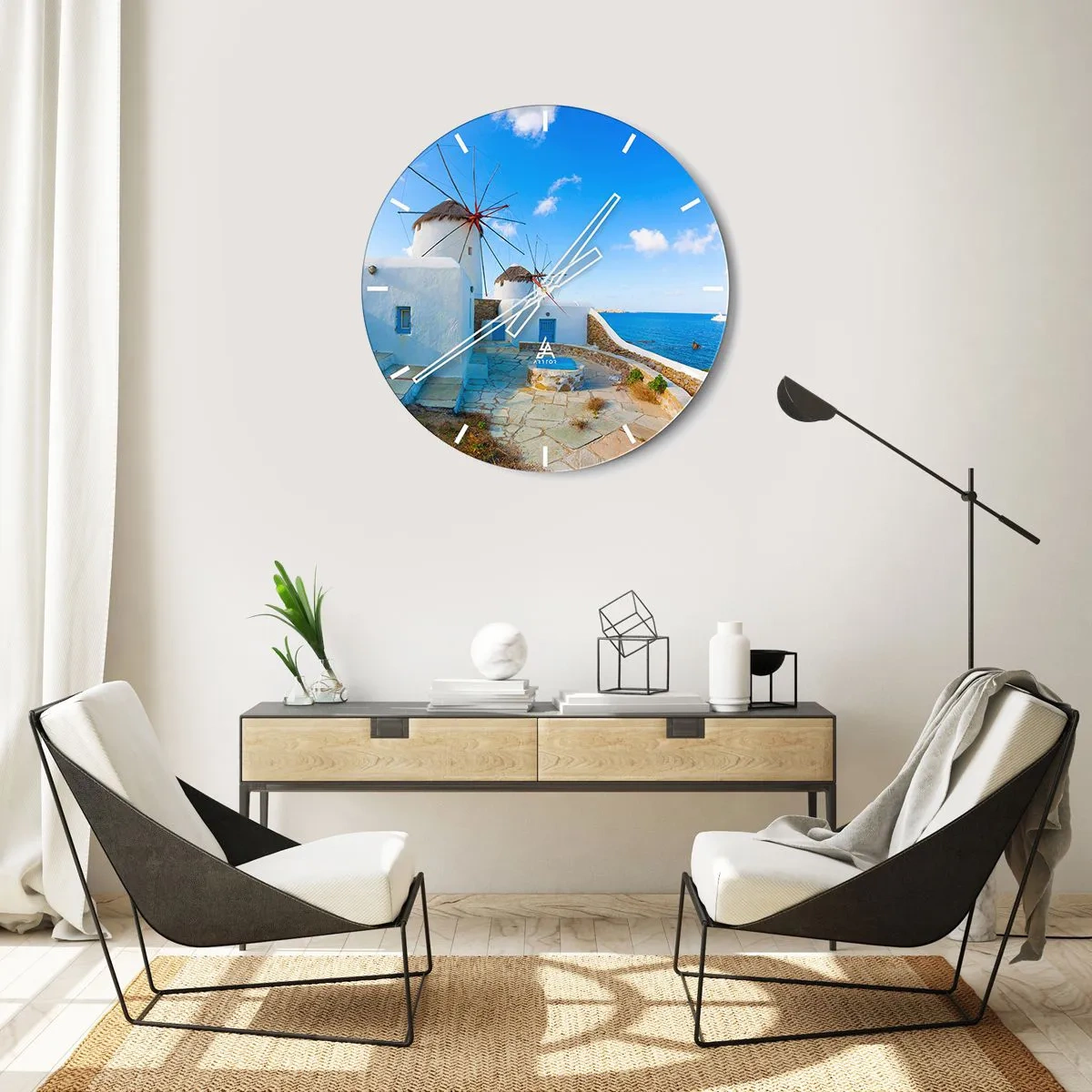 Horloge murale - Pendule murale - Un moulin à vent contre le ciel bleu et la mer sur une île grecque - 30x30cm - Le vent bleu de la mer - Décoration murale moderne pour le salon, la cuisine et la chambre ARTTOR