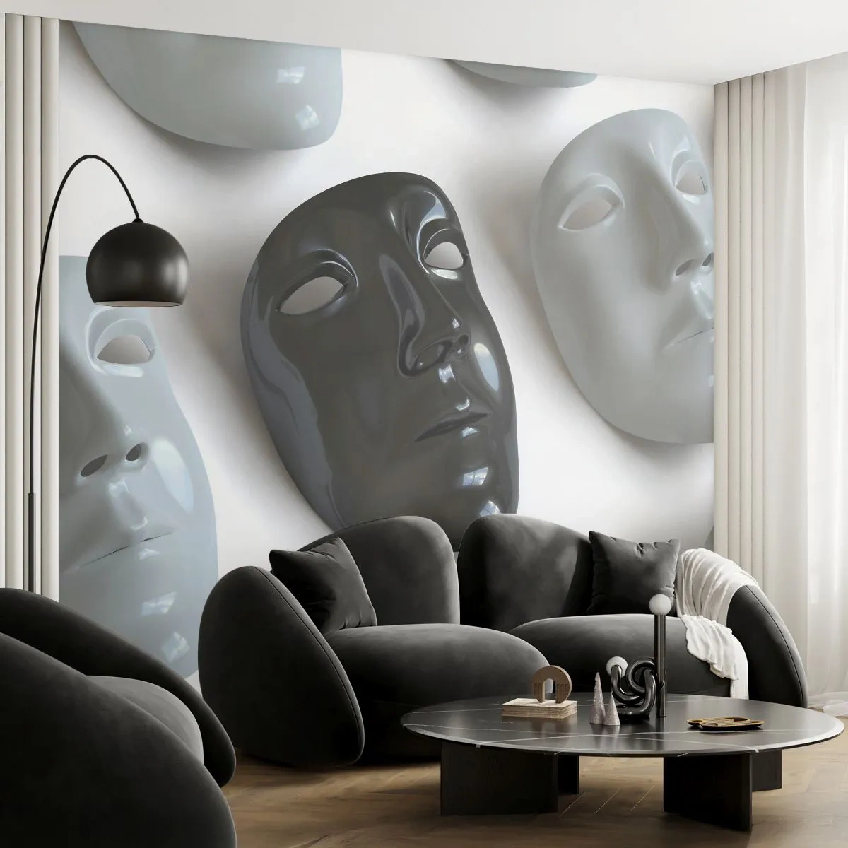 Papier Peint Autocollant Deluxe Sticker - Comment se démarquer ? - Morceau, Masque vénitien, Noir et blanc - 250x175 cm