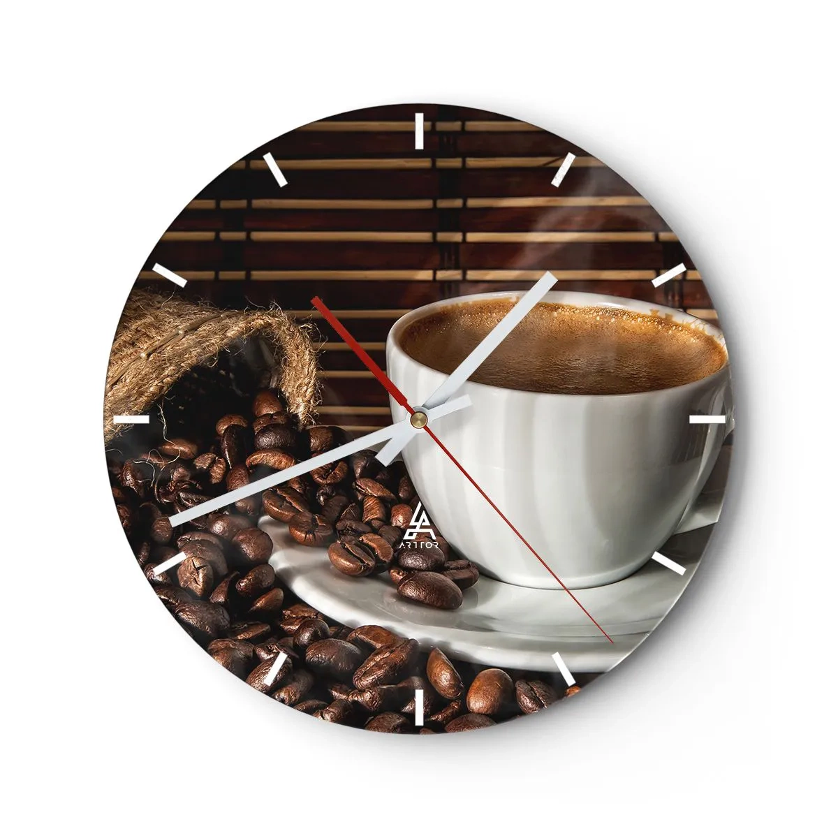 Horloge murale - Pendule murale - Une tasse de café et des grains dispersés sur un fond de bambou - 30x30cm - La noirceur du charbon, la clarté de l'ambre - Décoration murale moderne pour le salon, la cuisine et la chambre ARTTOR