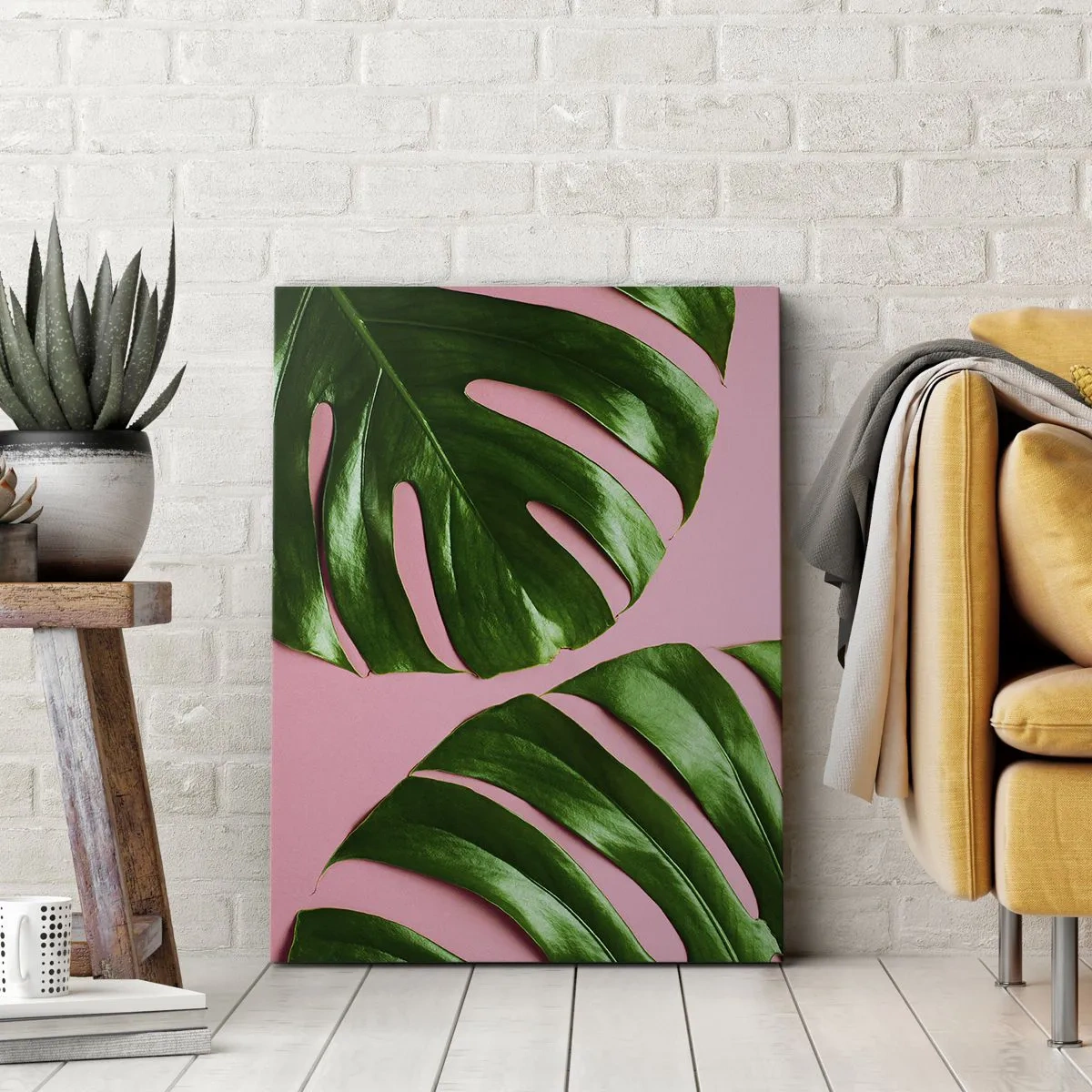 Impression sur toile - Image sur toile - Feuilles de monstera vertes sur fond rose - 50x70cm - Rendez-vous vert - Décoration murale moderne pour le salon et la chambre ARTTOR