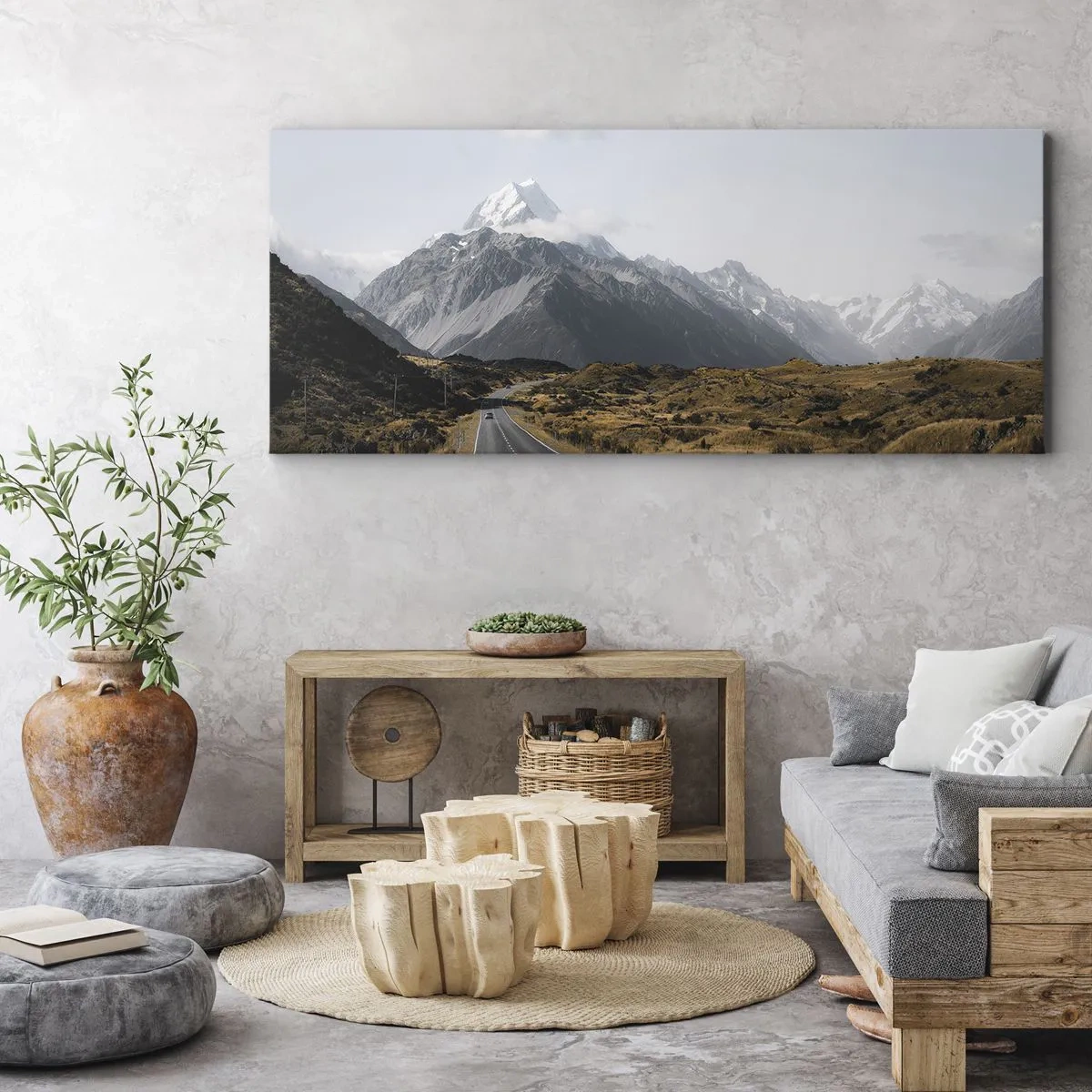 Impression sur toile - Image sur toile - Une route dans les montagnes entourée d'un paysage pittoresque - 120x50cm - Chemin vers le coeur de la montagne - Décoration murale moderne pour le salon et la chambre ARTTOR