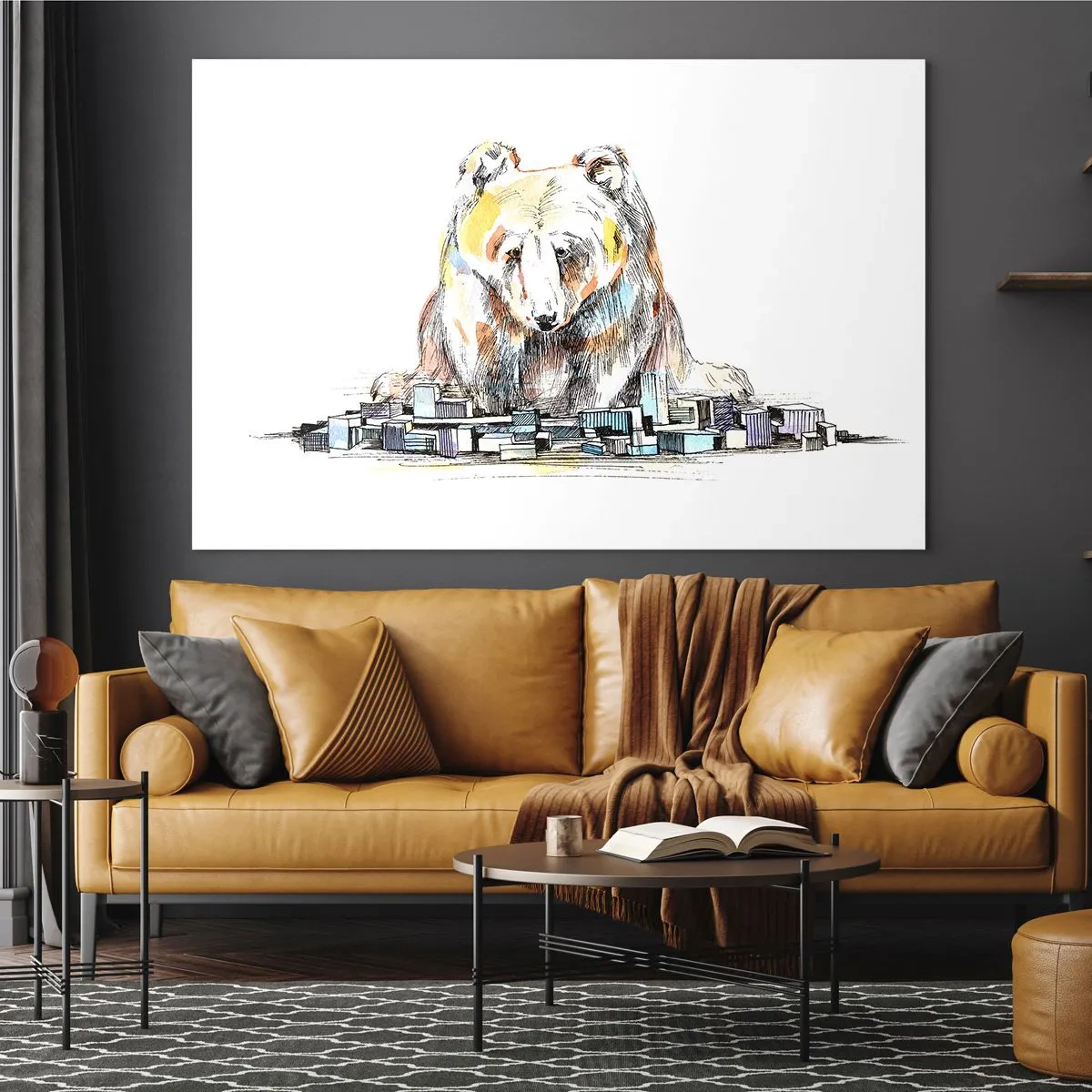 Impression sur verre - Image sur verre - Un ours regardant la ville dans une composition artistique - 100x70cm - Comment peut-on vivre ainsi ? - Décoration murale moderne pour le salon et la chambre ARTTOR