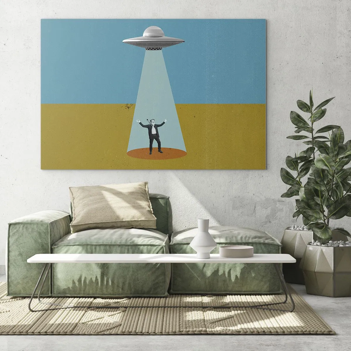 Impression sur verre - Image sur verre - Un homme à la lumière d'une soucoupe spatiale sur un fond coloré - 70x50cm - Rencontre proche - Décoration murale moderne pour le salon et la chambre ARTTOR