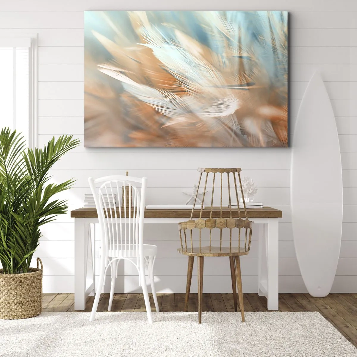 Impression sur toile - Image sur toile - Plumes délicates dans des tons pastel de bleu et d'orange - 70x50cm - Au pays de la douceur - Décoration murale moderne pour le salon et la chambre ARTTOR