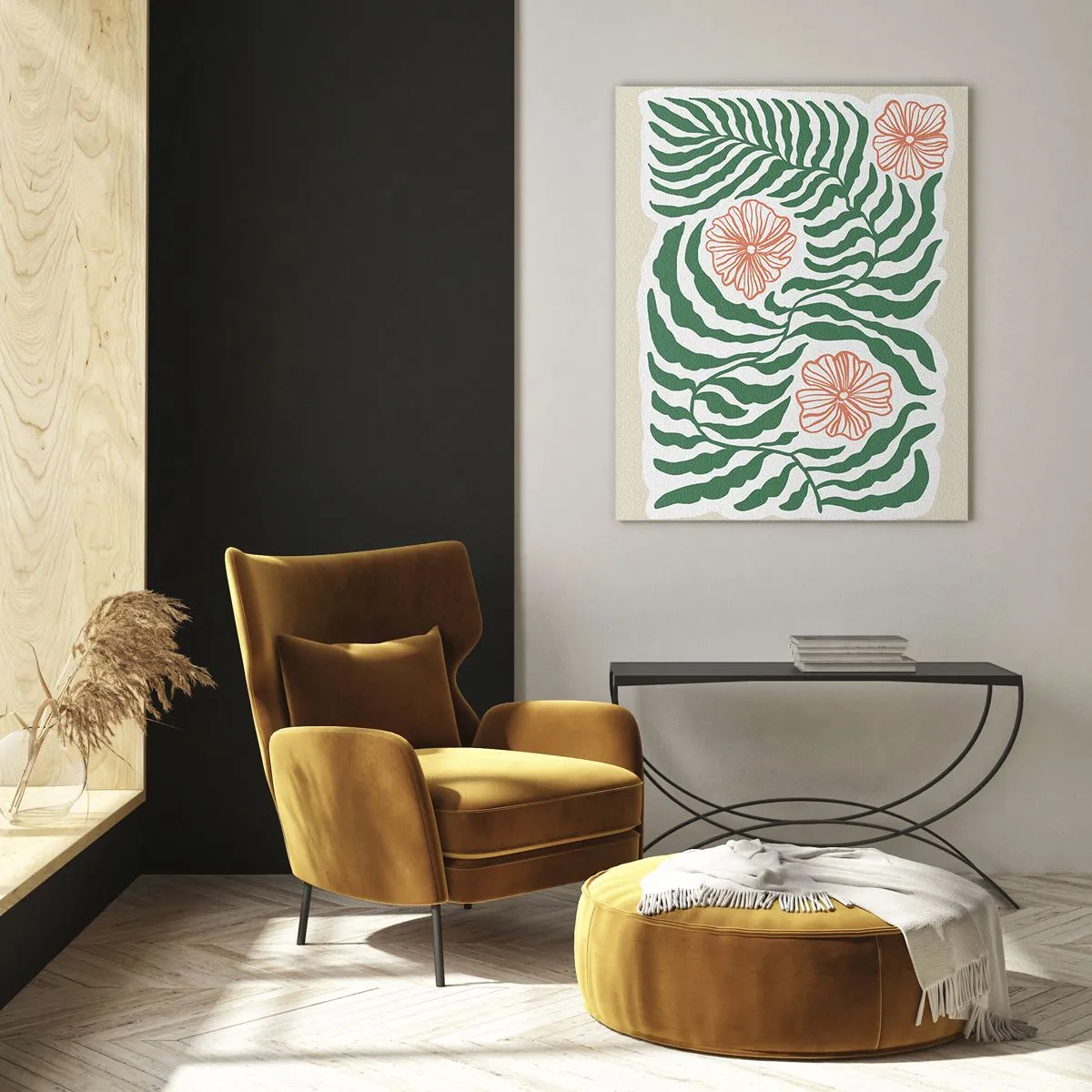 Impression sur verre - Image sur verre - Feuilles vertes et fleurs rouges dans un arrangement graphique - 50x70cm - Fleurit en vert - Décoration murale moderne pour le salon et la chambre ARTTOR
