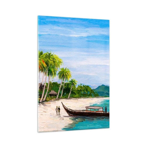 Impression sur verre - Image sur verre - Une plage exotique avec des palmiers et un bateau sur le rivage - 80x120cm - Rêve exotique - Décoration murale moderne pour le salon et la chambre ARTTOR