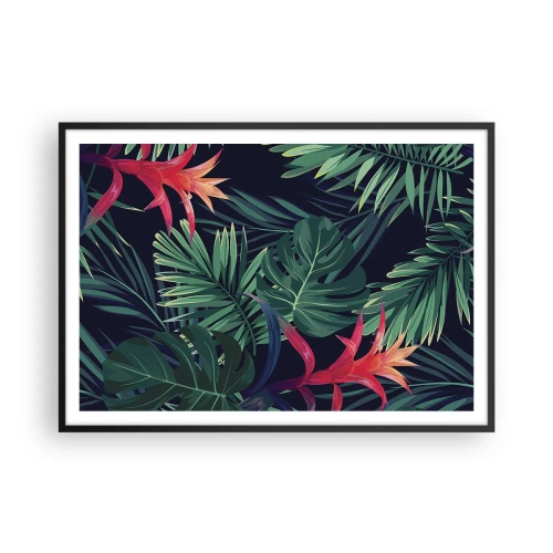 Affiche dans un cadre noir - Poster - Feuilles et fleurs tropicales sur fond sombre - 100x70cm - immergé dans la nature - Décoration murale moderne pour le salon et la chambre ARTTOR