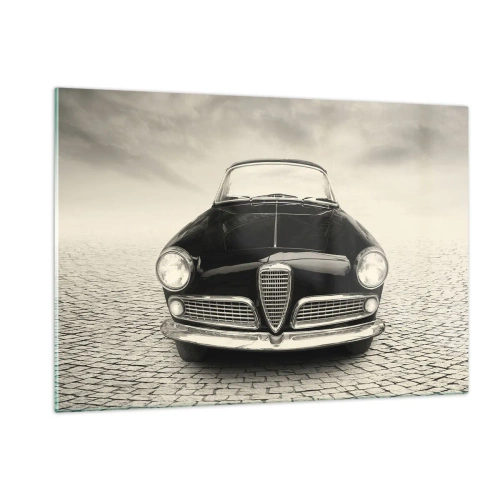 Impression sur verre - Image sur verre - Voiture classique sur une route pavée en noir et blanc - 120x80cm - Et alors! Tu ne m'aime pas? - Décoration murale moderne pour le salon et la chambre ARTTOR