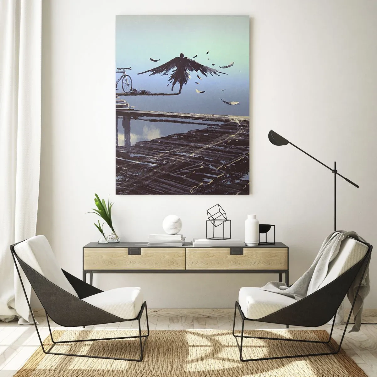 Impression sur verre - Image sur verre - Une silhouette avec un vélo sur un pont en bois au-dessus des nuages - 50x70cm - Icare est toujours vivant - Décoration murale moderne pour le salon et la chambre ARTTOR