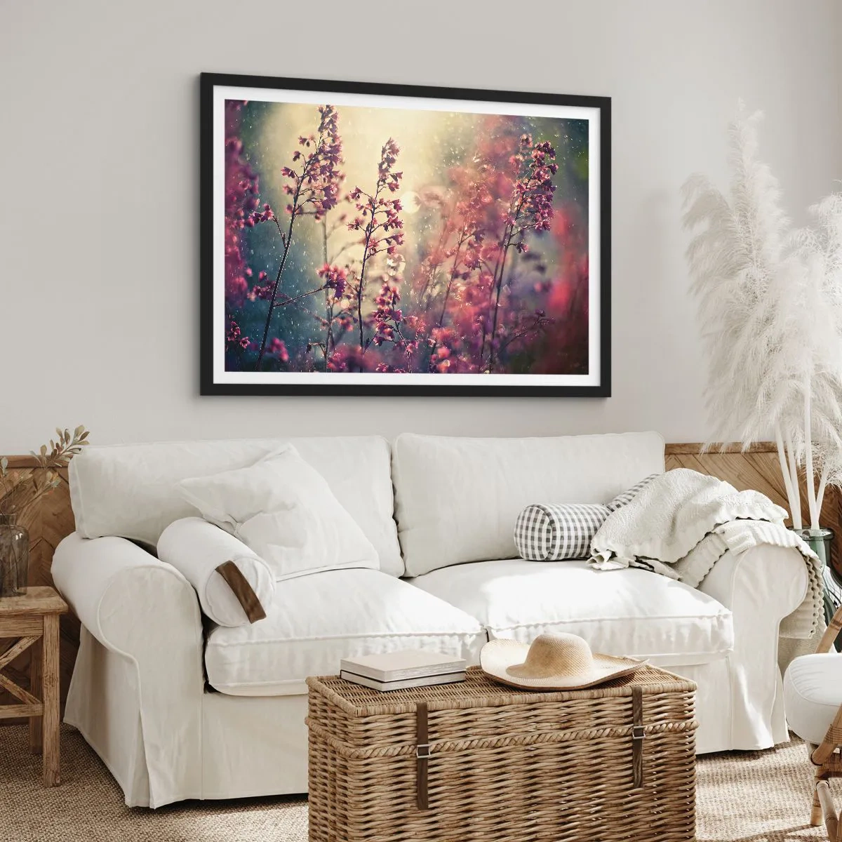 Affiche dans un cadre noir - Poster - Fleurs au soleil sur fond de nature - 70x50cm - Jardin secret - Décoration murale moderne pour le salon et la chambre ARTTOR
