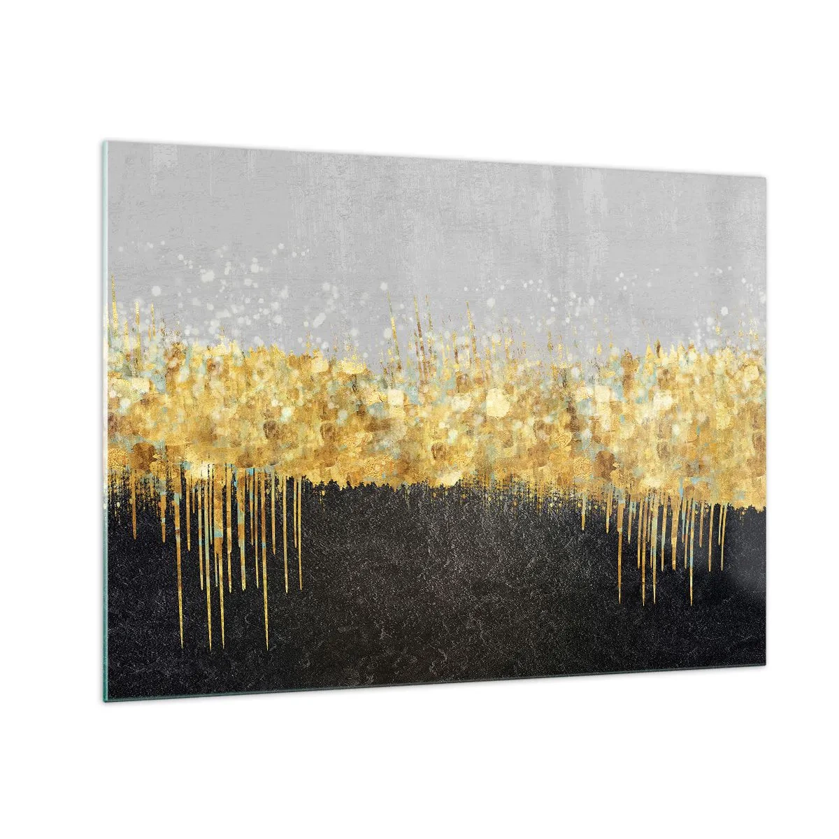 Impression sur verre - Image sur verre - Abstraction dorée avec contraste noir et gris - 70x50cm - Vers l'intérieur et vers le haut - Décoration murale moderne pour le salon et la chambre ARTTOR