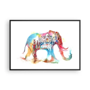 Affiche dans un cadre noir - Poster - Aquarelle colorée d'un éléphant avec un motif du Taj Mahal - 100x70cm - Inde - l'aura de l'amour - Décoration murale moderne pour le salon et la chambre ARTTOR