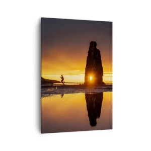 Impression sur toile - Image sur toile - Personne courant sur la plage au coucher du soleil avec formation rocheuse - 70x100cm - Juste vous et la nature - Décoration murale moderne pour le salon et la chambre ARTTOR
