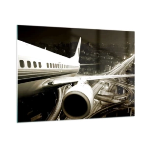 Impression sur verre - Image sur verre - Un avion au dessus de la ville la nuit avec une ambiance industrielle - 100x70cm - Vole dans la nuit - Décoration murale moderne pour le salon et la chambre ARTTOR