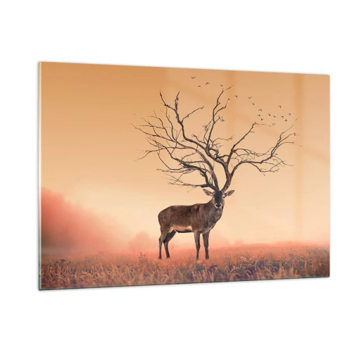 Impression sur verre - Image sur verre - Illustration d'un cerf avec un arbre comme bois - 120x80cm - Cerf de Pra - l'esprit éternel de la forêt - Décoration murale moderne pour le salon et la chambre ARTTOR