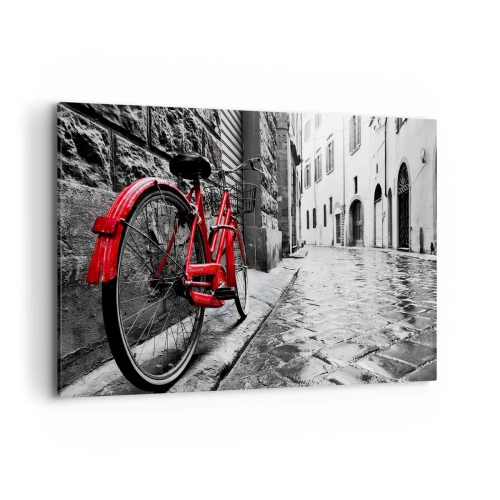 Impression sur toile - Image sur toile - Vélo rouge dans une rue en noir et blanc - 120x80cm - La vraie beauté ne vieillit pas - Décoration murale moderne pour le salon et la chambre ARTTOR