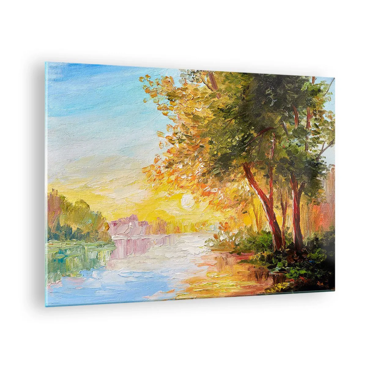Impression sur verre - Image sur verre - Lac avec des arbres au coucher du soleil - 70x50cm - Et in Arcadia ego - Décoration murale moderne pour le salon et la chambre ARTTOR