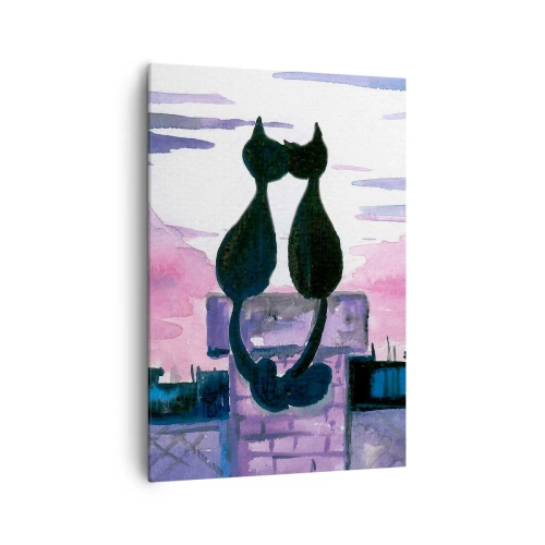 Impression sur toile - Image sur toile - Chats noirs sur un toit au clair de lune dans un décor aquarelle - 70x100cm - Rendez-vous sous la lune - Décoration murale moderne pour le salon et la chambre ARTTOR