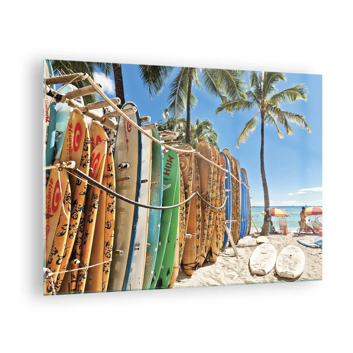 Impression sur verre - Image sur verre - Planches de surf colorées sur une plage tropicale - 70x50cm - Jeux ensoleillés - Décoration murale moderne pour le salon et la chambre ARTTOR