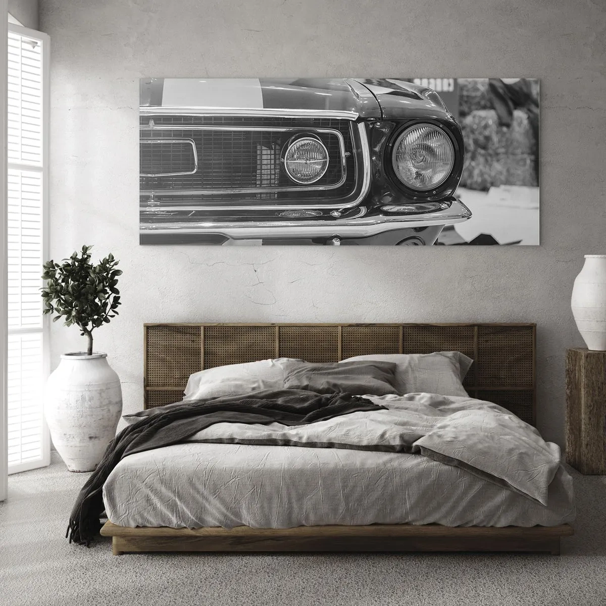 Impression sur verre - Image sur verre - Capot de voiture classique noir et blanc - 120x50cm - Conduire dur - Décoration murale moderne pour le salon et la chambre ARTTOR