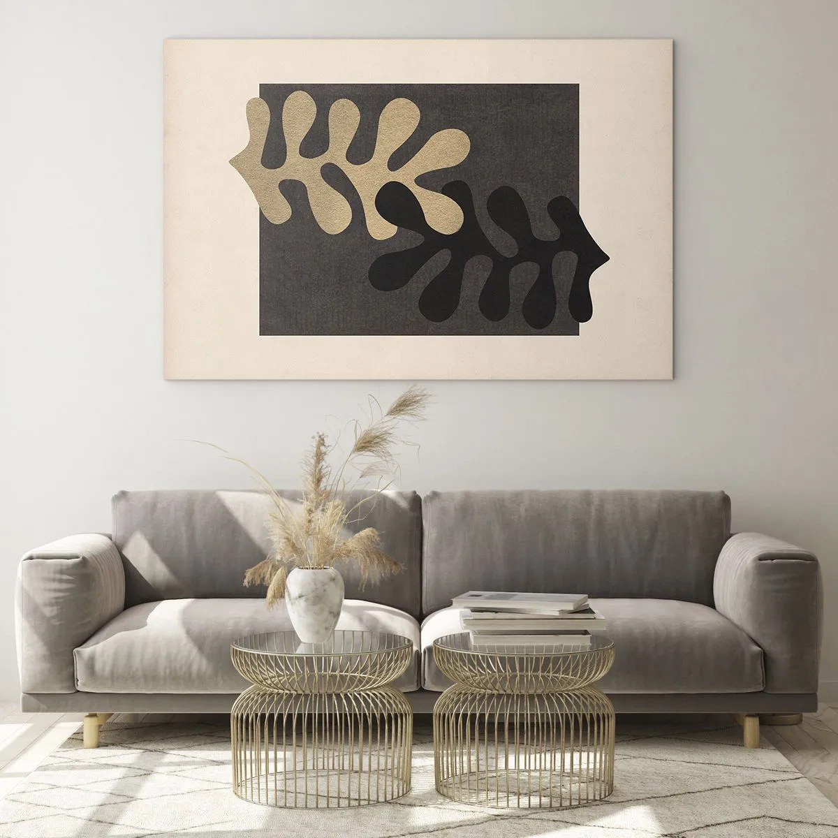 Impression sur verre - Image sur verre - Formes abstraites en noir et beige sur un fond géométrique - 70x50cm - Absence et complément - Décoration murale moderne pour le salon et la chambre ARTTOR