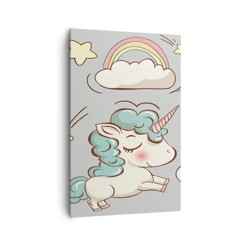 Impression sur toile - Image sur toile - Licornes mignonnes sur fond pastel - 80x120cm - Ils existe, c'est sûr… - Décoration murale moderne pour le salon et la chambre ARTTOR