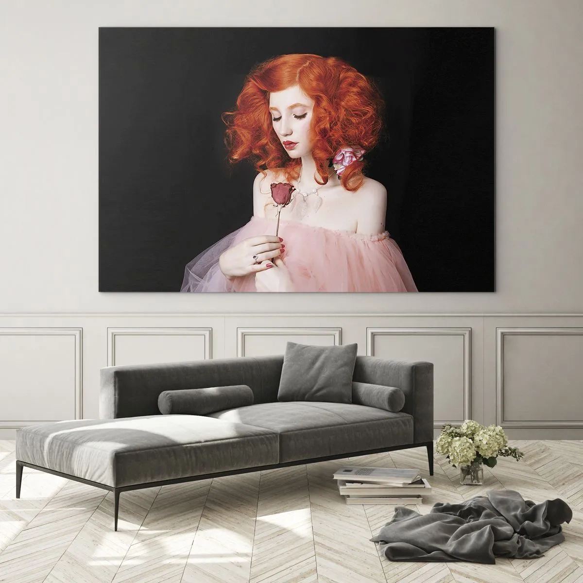 Impression sur verre - Image sur verre - Portrait d'une femme aux cheveux roux et une rose sur un fond sombre - 70x50cm - De style baroque - Décoration murale moderne pour le salon et la chambre ARTTOR