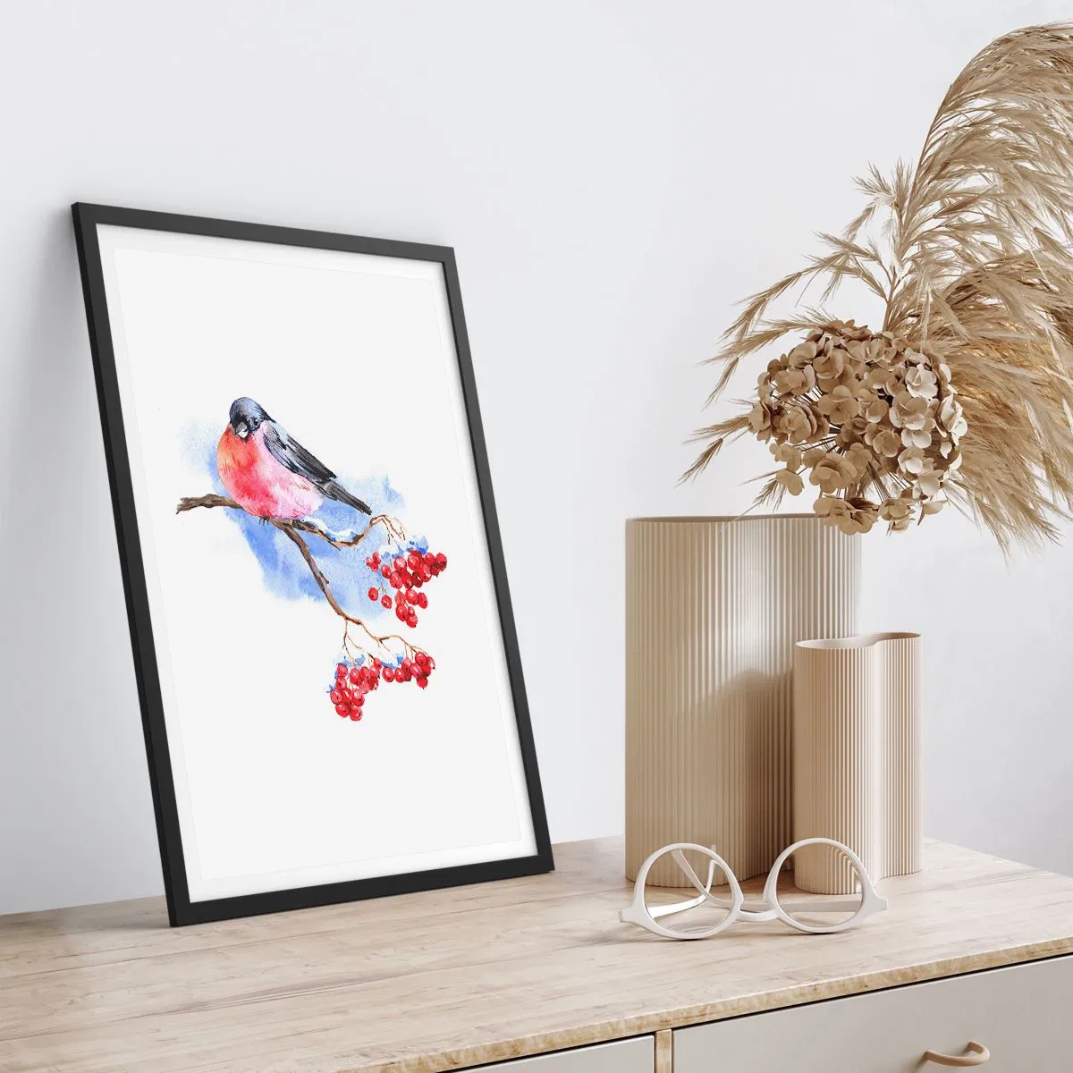 Affiche dans un cadre noir - Poster - Un oiseau sur une branche avec des fruits rouges - 50x70cm - L'hiver en couleurs - Décoration murale moderne pour le salon et la chambre ARTTOR