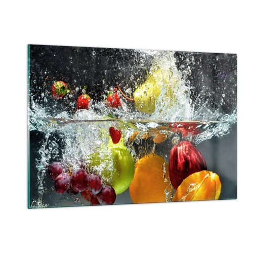 Impression sur verre - Image sur verre - Fruits immergés dans l'eau avec des éclaboussures dynamiques - 120x80cm - Rafraîchissement fruité - Décoration murale moderne pour le salon et la chambre ARTTOR