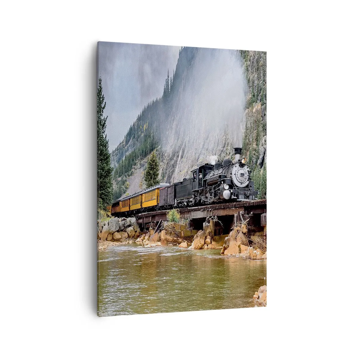 Impression sur toile - Image sur toile - Une locomotive à vapeur sur un pont dans un paysage de montagne pittoresque - 70x100cm - Et lui jusqu'où? Jusqu'où? - Décoration murale moderne pour le salon et la chambre ARTTOR