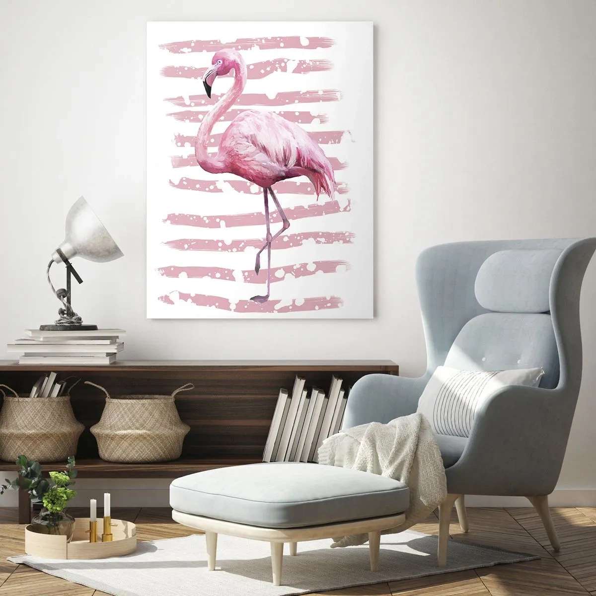 Impression sur verre - Image sur verre - Un flamant rose sur un fond de rayures roses artistiques. - 50x70cm - Avec dignité, bien qu'en rose - Décoration murale moderne pour le salon et la chambre ARTTOR