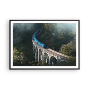 Affiche dans un cadre noir - Poster - Un train bleu sur un viaduc historique au milieu des forêts - 100x70cm - Train nature - Décoration murale moderne pour le salon et la chambre ARTTOR
