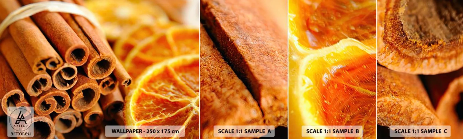 Échantillon De Papier Peint Standard Eco - Sentez-vous leurs odeurs? - Orange, Le bâton de cannelle, Épices - 100x30 cm