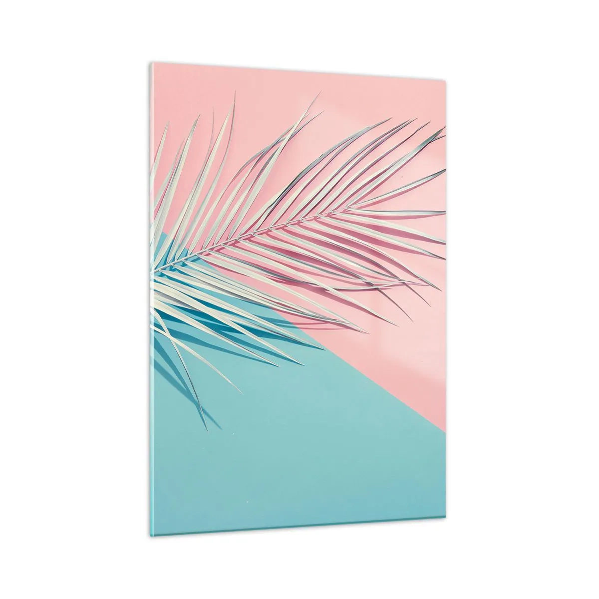 Impression sur verre - Image sur verre - Une feuille de palmier sur un fond pastel dans une composition géométrique - 50x70cm - Impression tropicale - Décoration murale moderne pour le salon et la chambre ARTTOR